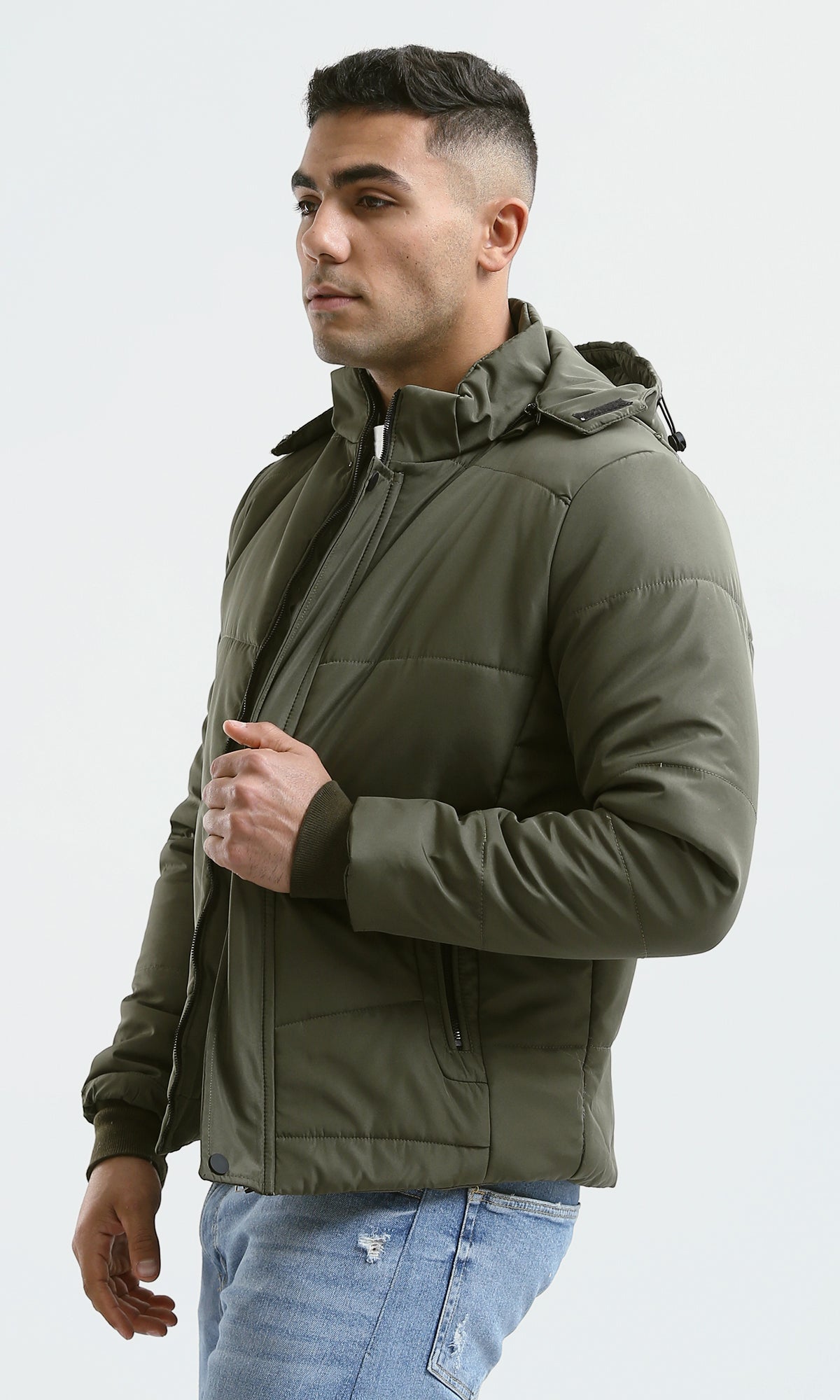 O181765 Dark Olive Coziness Puffer Jacket With Front Zipper