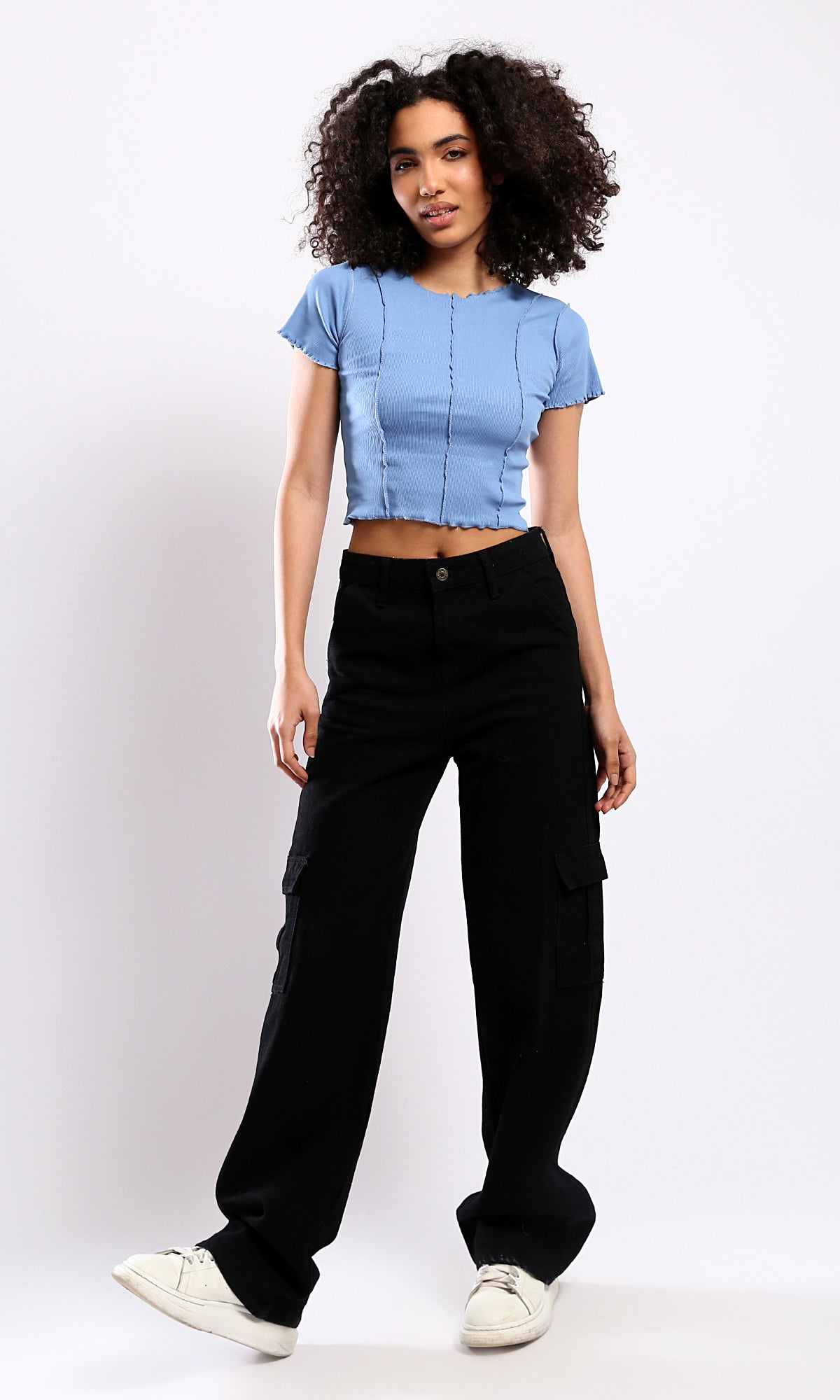 O182020 Baby Blue Short Sleeves Ribbed Cropped Top