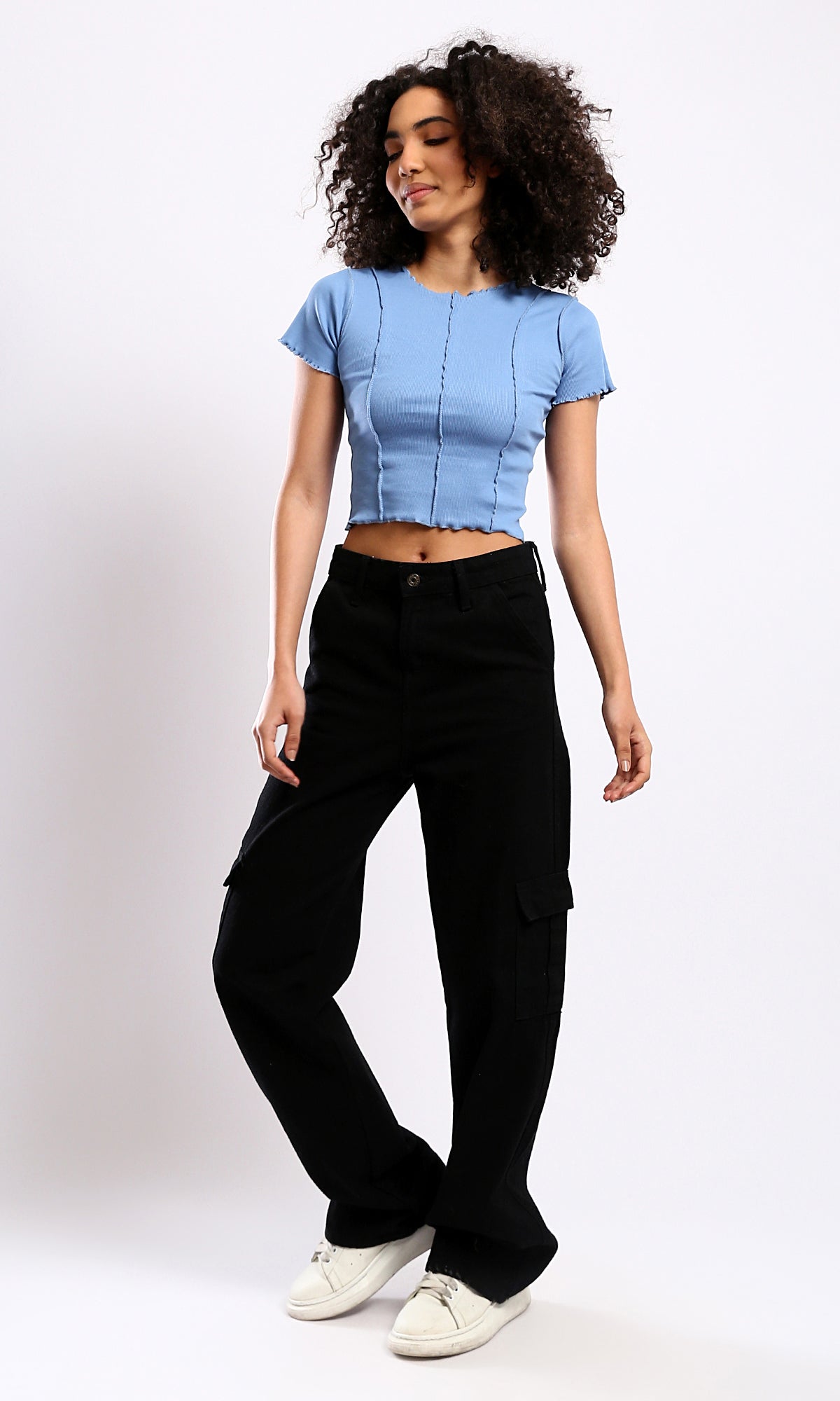 O182020 Baby Blue Short Sleeves Ribbed Cropped Top