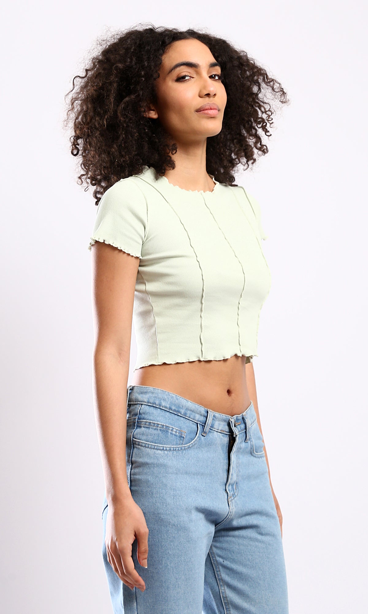 O182021 Slip On Ribbed Pastel Green Cropped Top