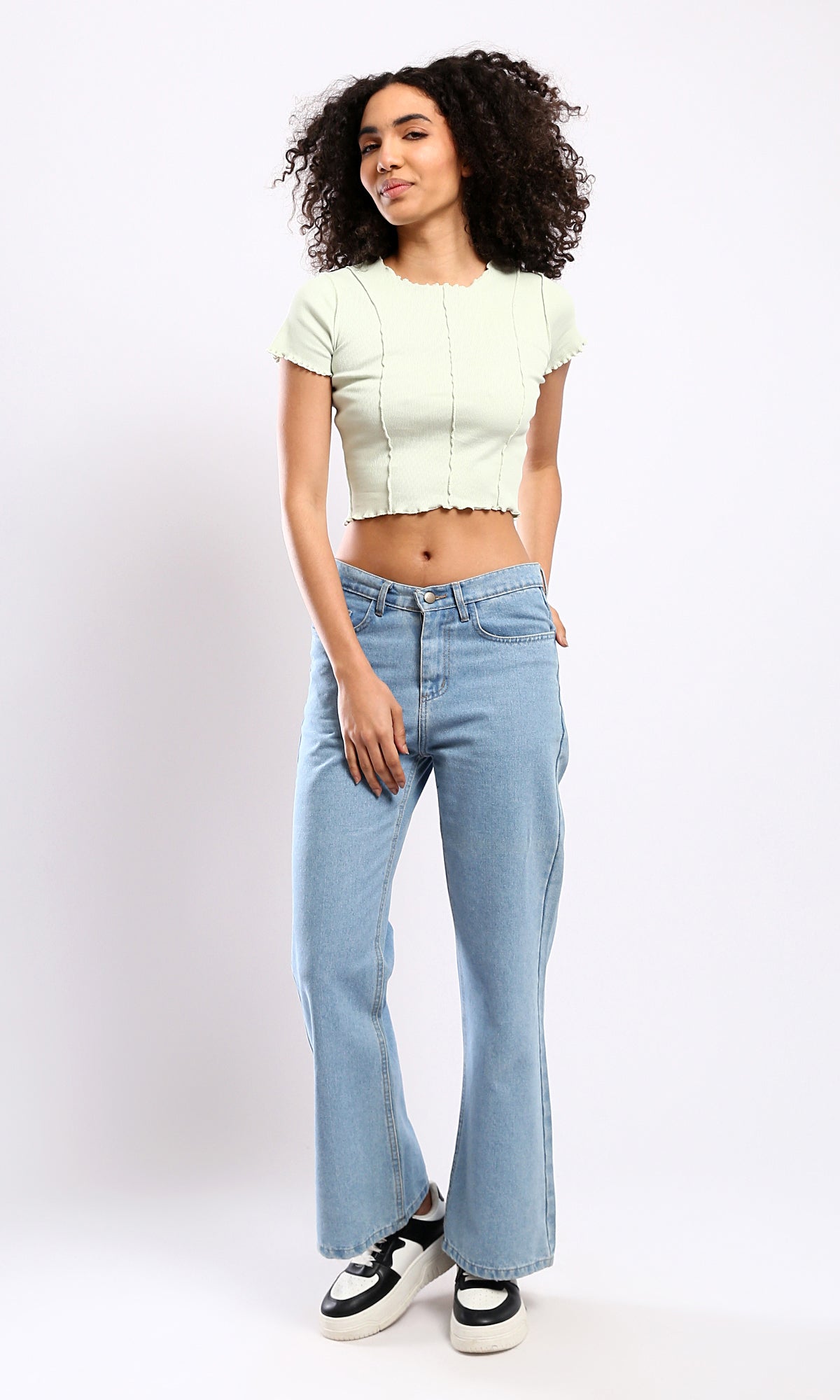 O182021 Slip On Ribbed Pastel Green Cropped Top