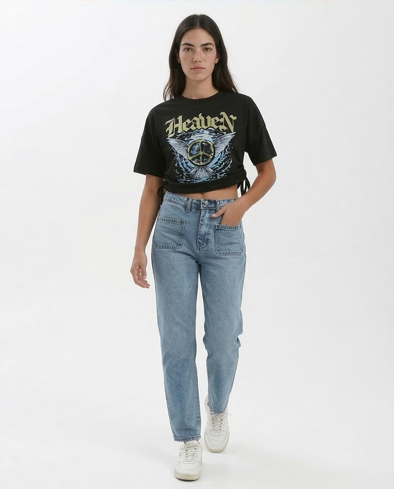 Ravin Heaven Cinch-Side Graphic Cropped Tee - Black - o182048