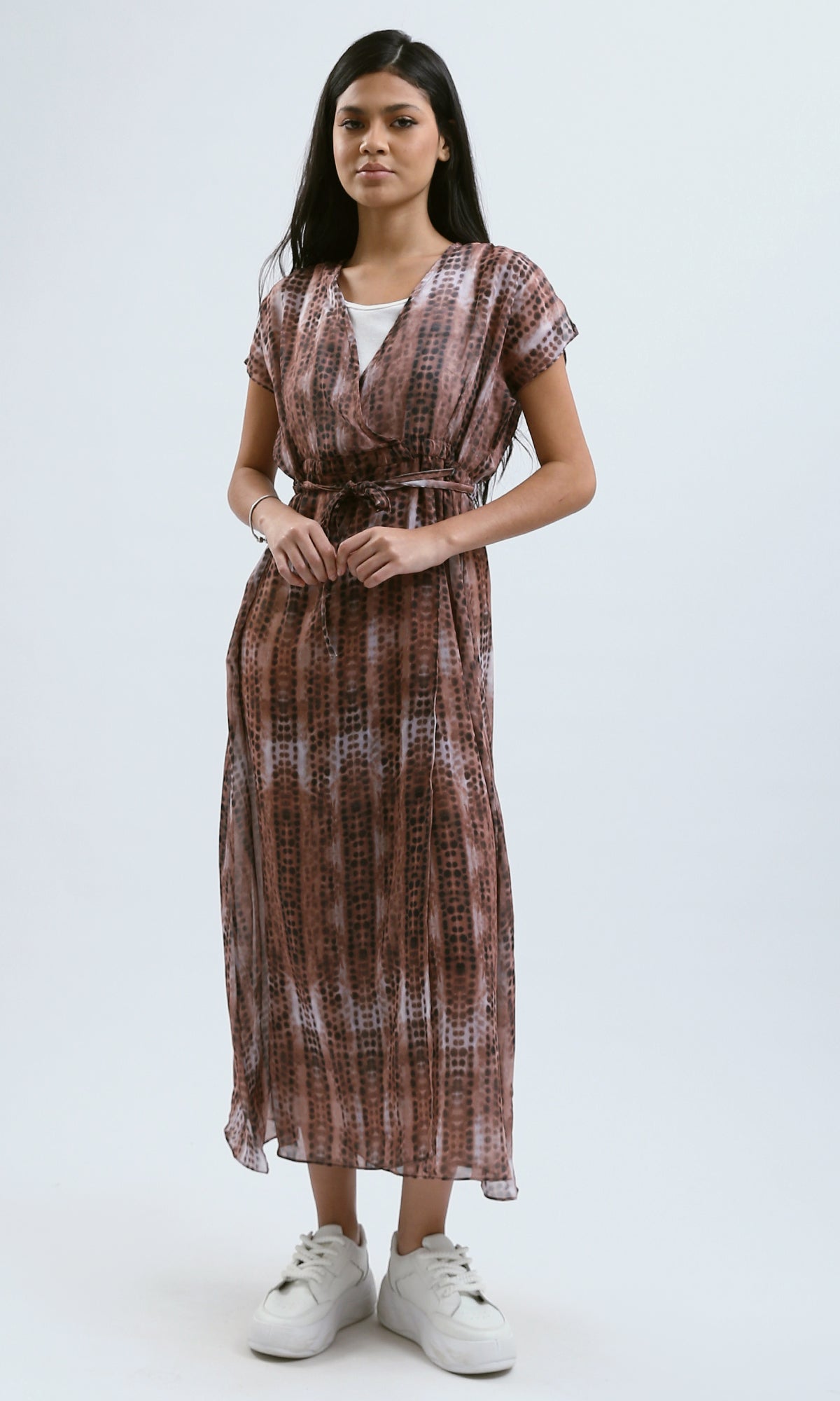 O182054 Brown Short Sleeves Casual Midi Dress