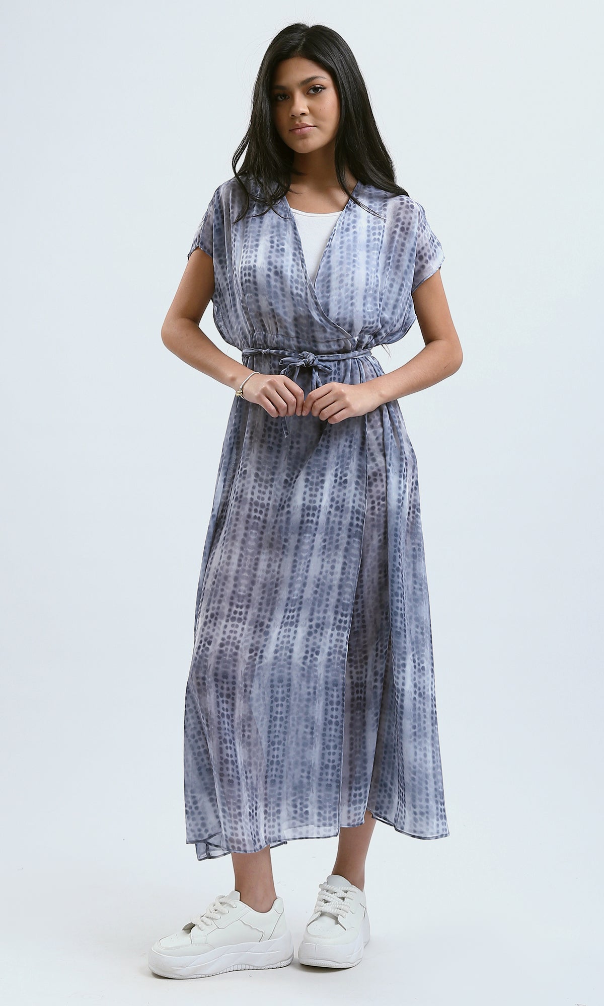 O182055 Slip On Patterned Grey Chiffon Midi Dress