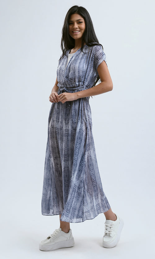 O182055 Slip On Patterned Grey Chiffon Midi Dress