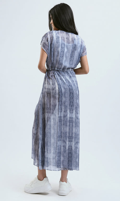 O182055 Slip On Patterned Grey Chiffon Midi Dress