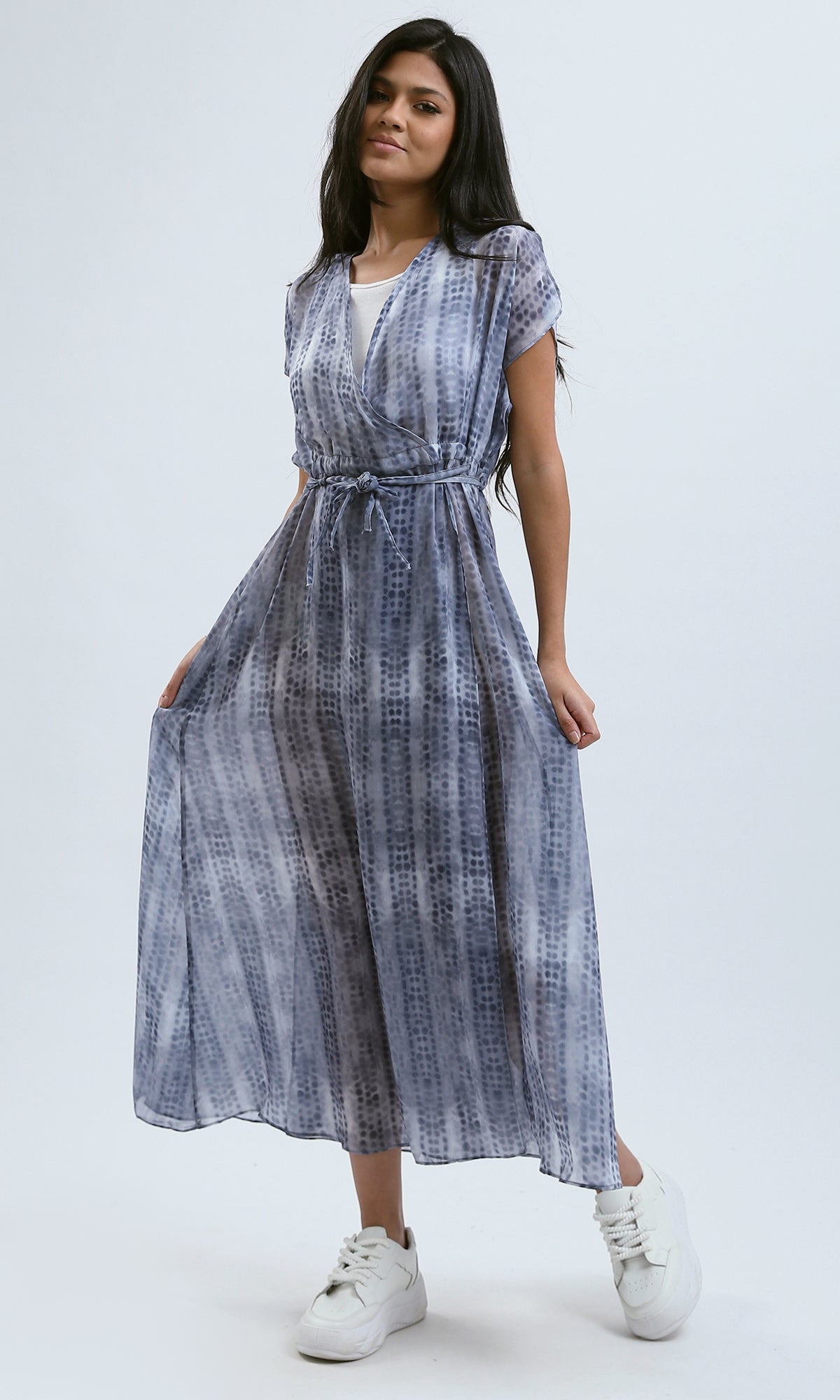 O182055 Slip On Patterned Grey Chiffon Midi Dress