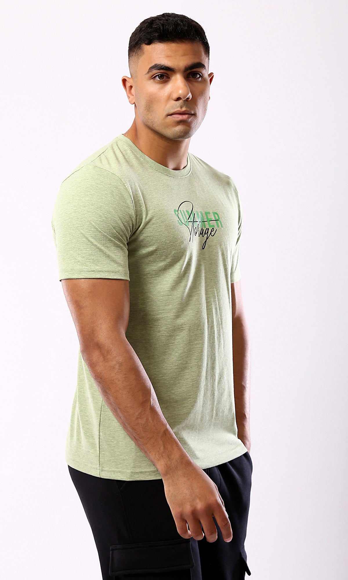 O182125 Round Neck Short Sleeves Printed Tee - Heather Mint