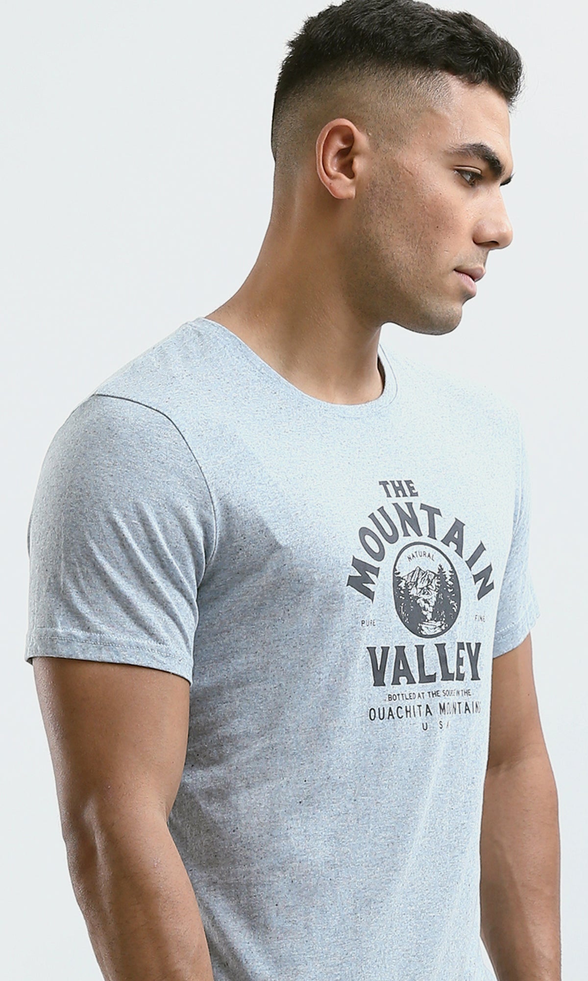 O182129 "The Mountain Valley" Printed Heather Light Blue Tee