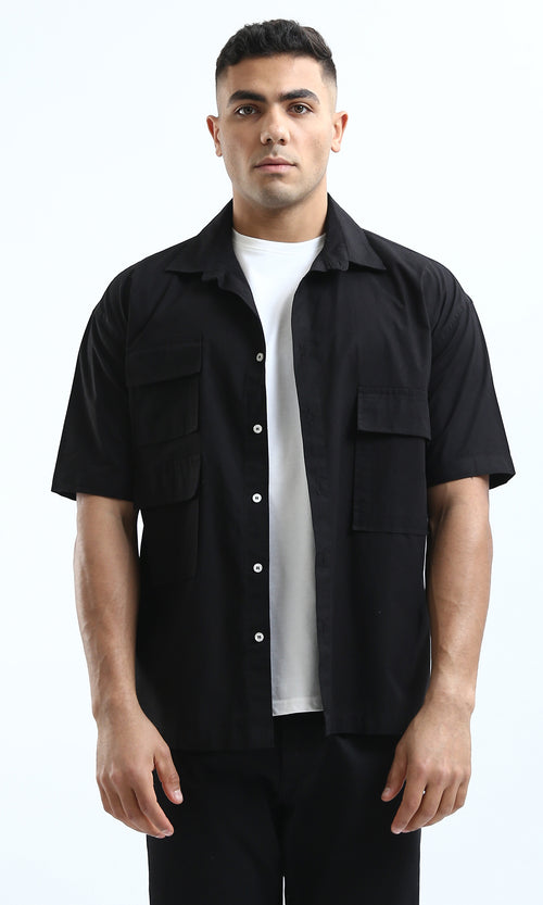 O182199 Full Buttons Short Sleeves Casual Black Shirt