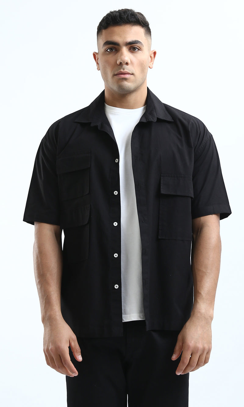 O182199 Full Buttons Short Sleeves Casual Black Shirt