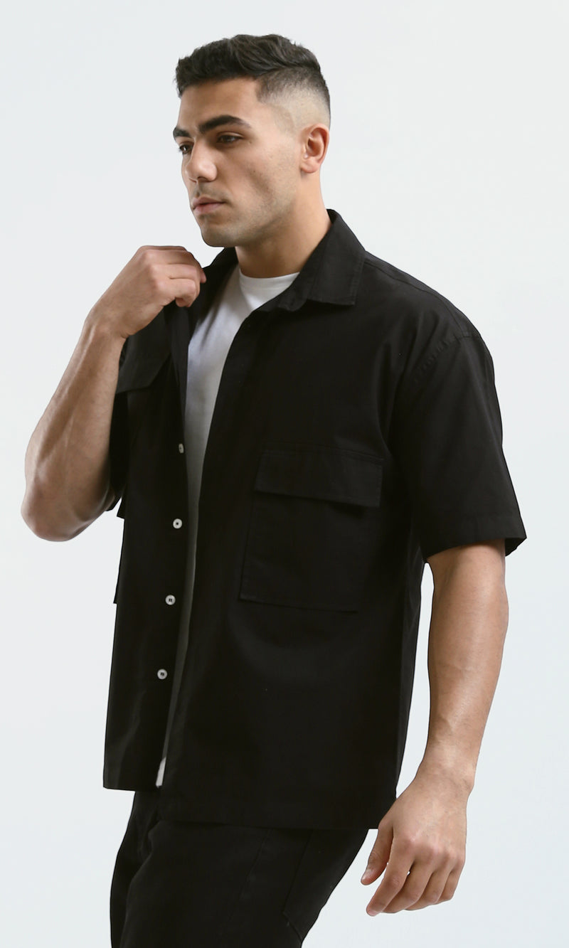 O182199 Full Buttons Short Sleeves Casual Black Shirt