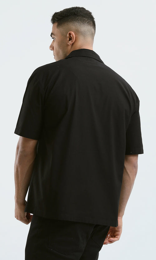 O182199 Full Buttons Short Sleeves Casual Black Shirt