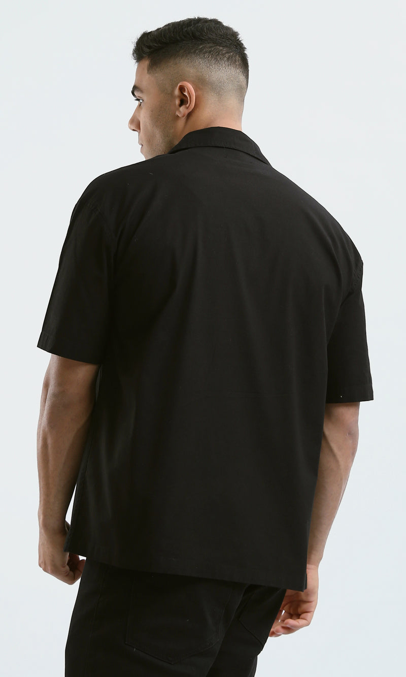 O182199 Full Buttons Short Sleeves Casual Black Shirt