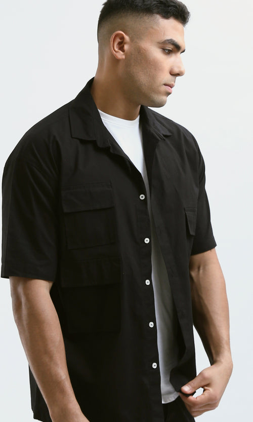 O182199 Full Buttons Short Sleeves Casual Black Shirt