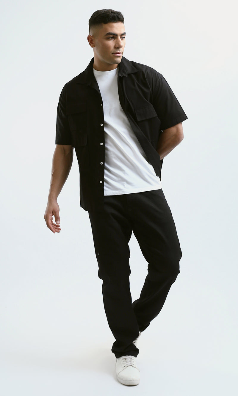 O182199 Full Buttons Short Sleeves Casual Black Shirt