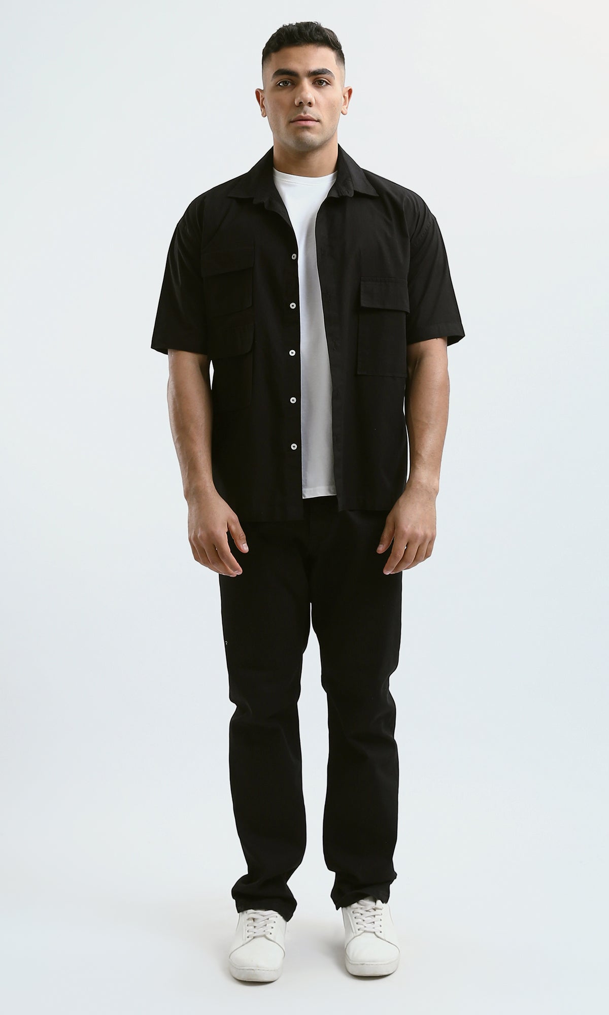 O182199 Full Buttons Short Sleeves Casual Black Shirt