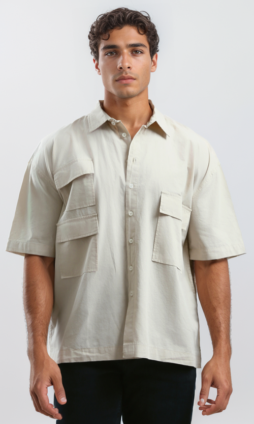 O182201 Beige Solid Casual Elbow-Sleeves Shirt