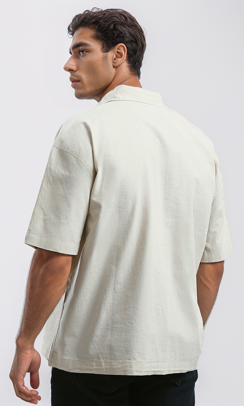 O182201 Beige Solid Casual Elbow-Sleeves Shirt