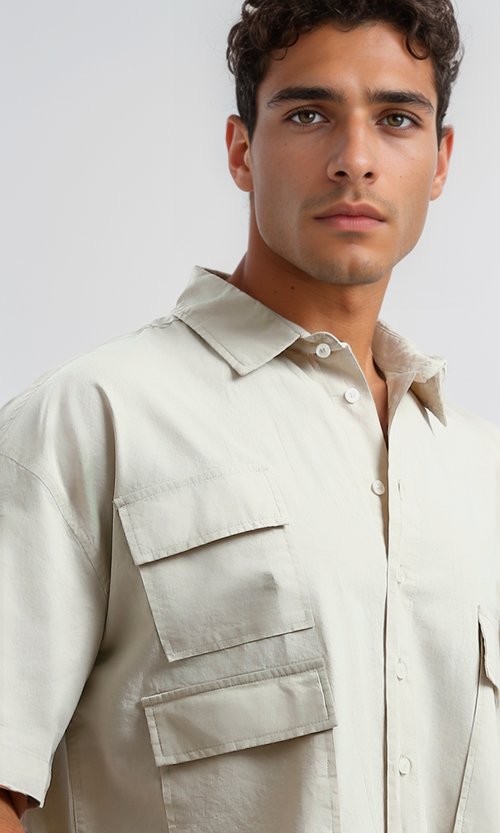 O182201 Beige Solid Casual Elbow-Sleeves Shirt