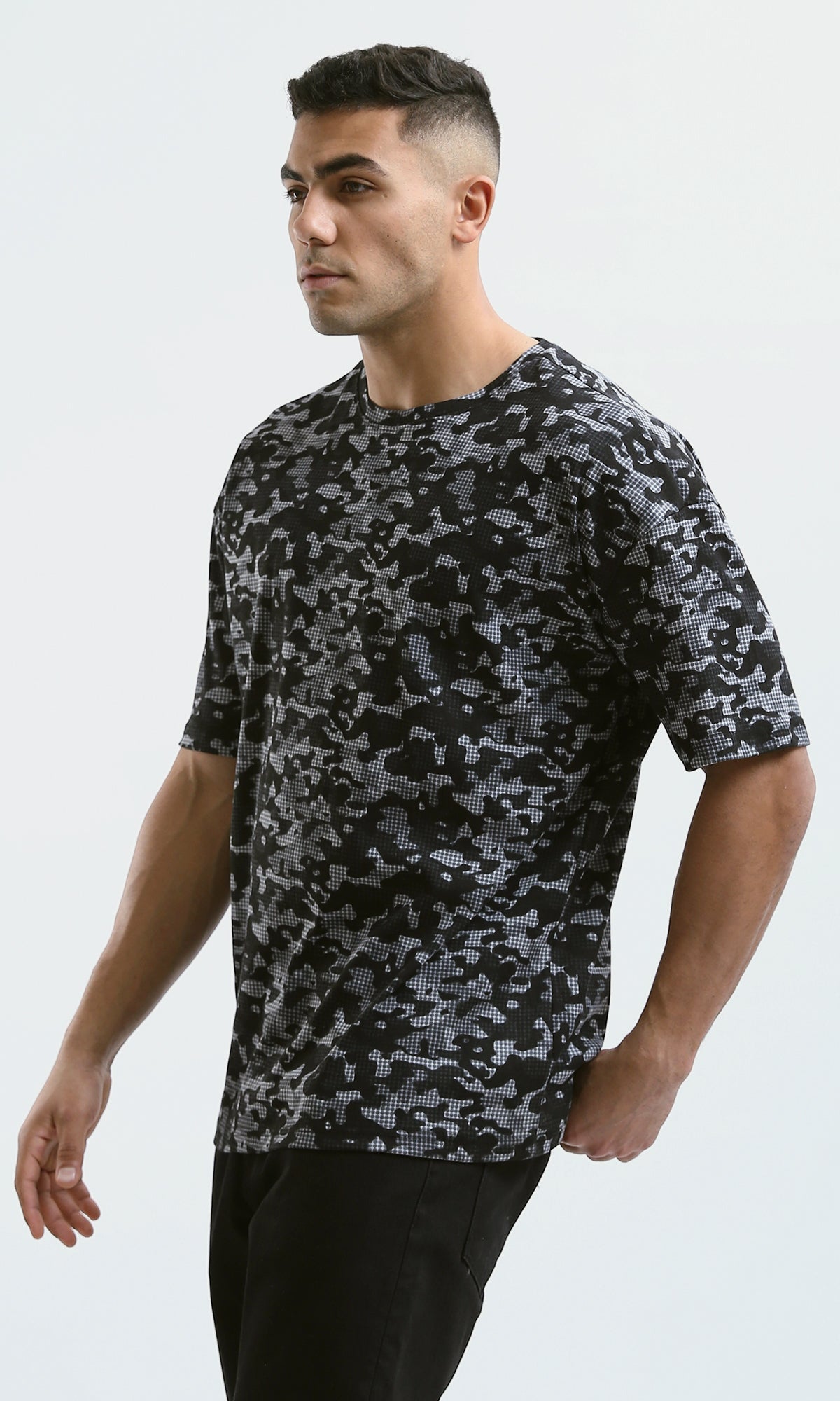 O182205 Elbow-Sleeves Cotton Black & Grey Camouflage Tee