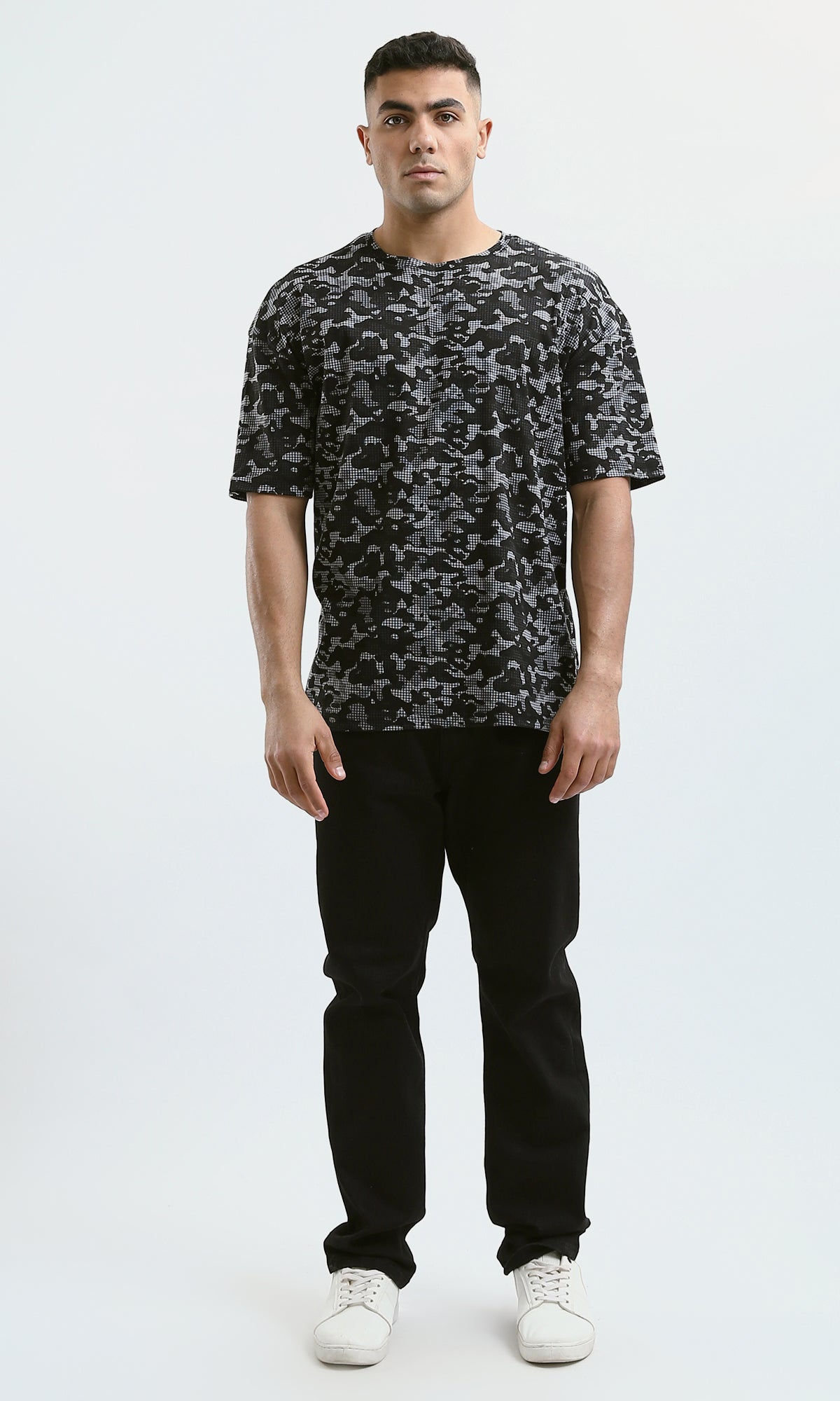 O182205 Elbow-Sleeves Cotton Black & Grey Camouflage Tee