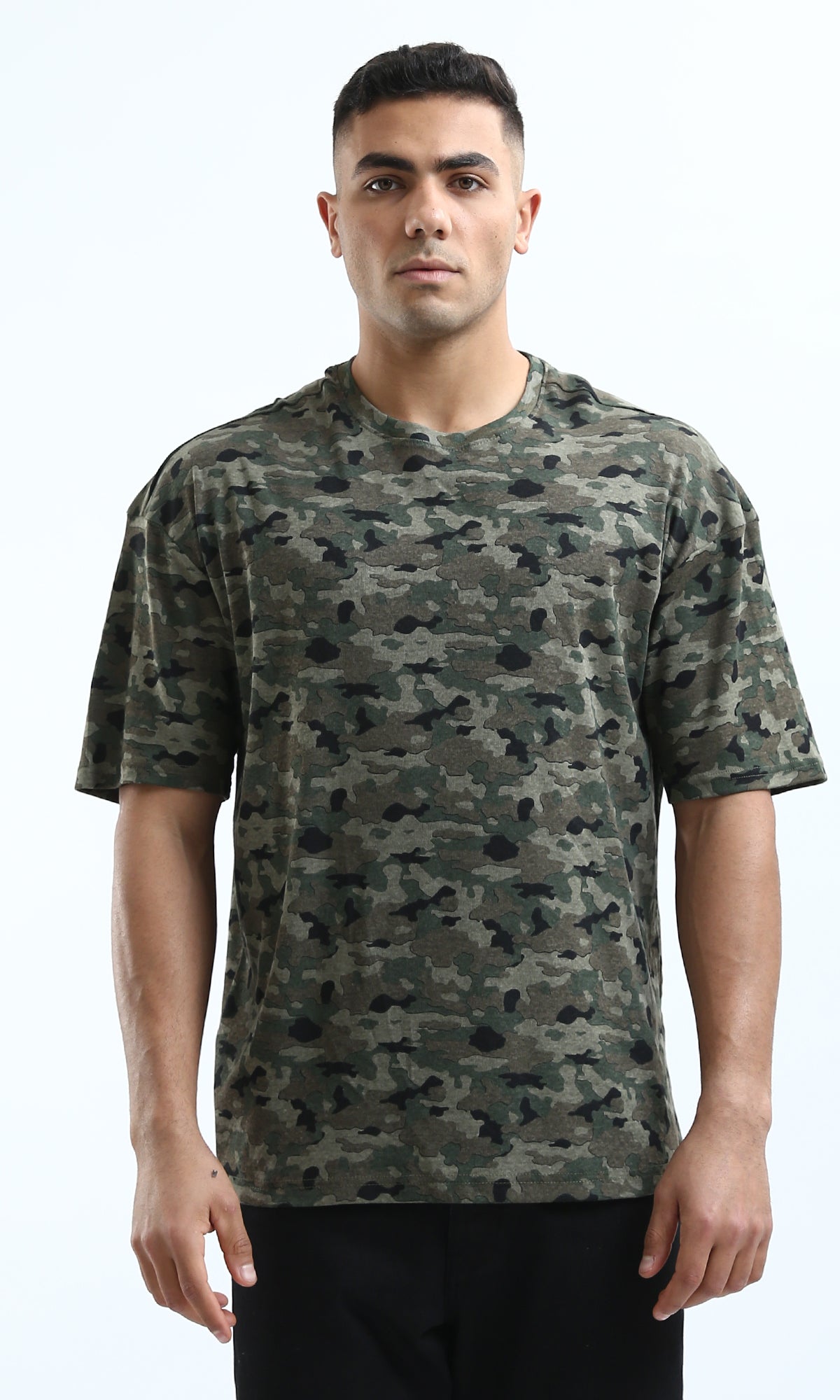 O182206 Crew Neck Slip On Olive & Black Camouflage Tee