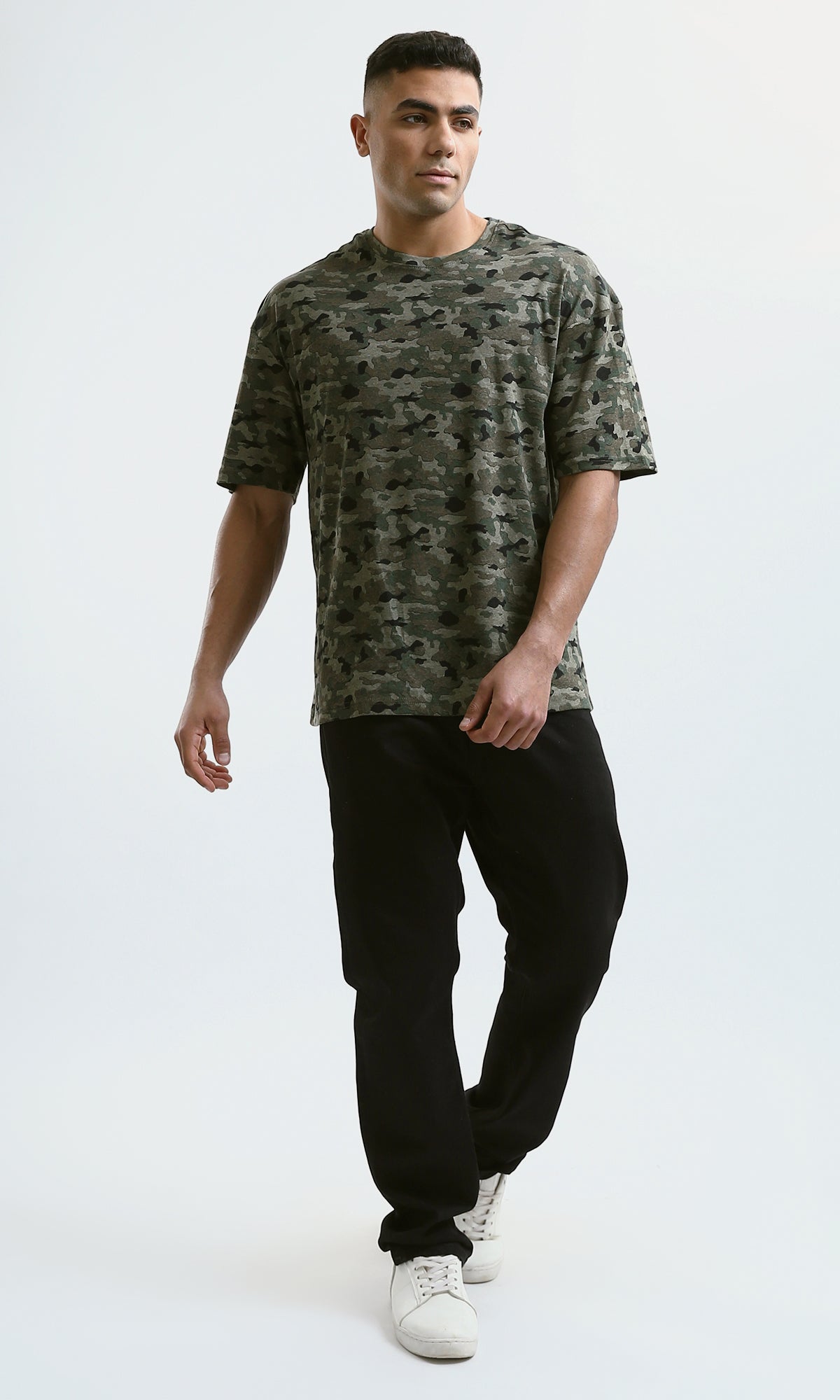 O182206 Crew Neck Slip On Olive & Black Camouflage Tee