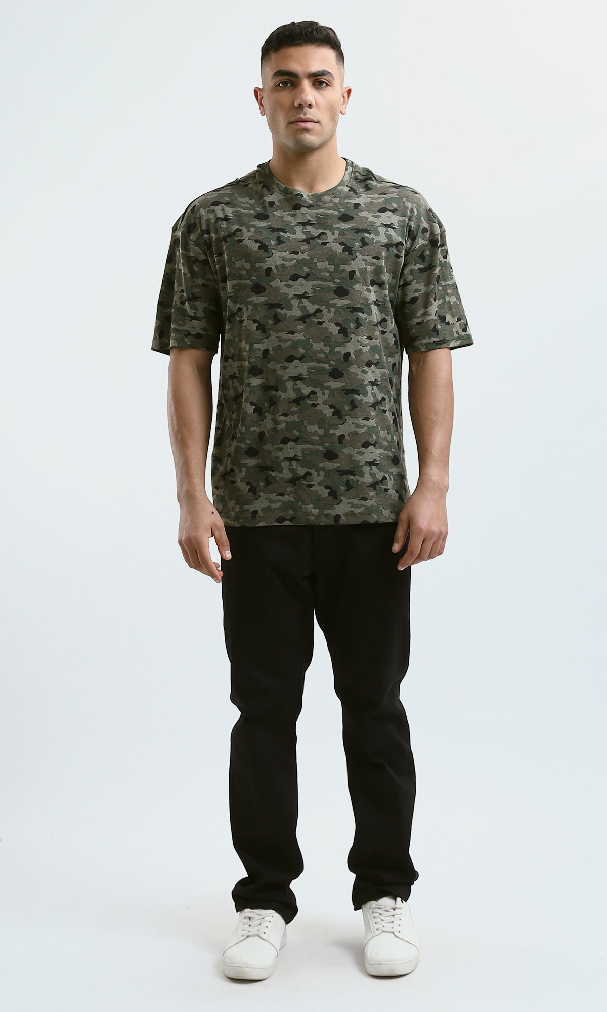 O182206 Crew Neck Slip On Olive & Black Camouflage Tee