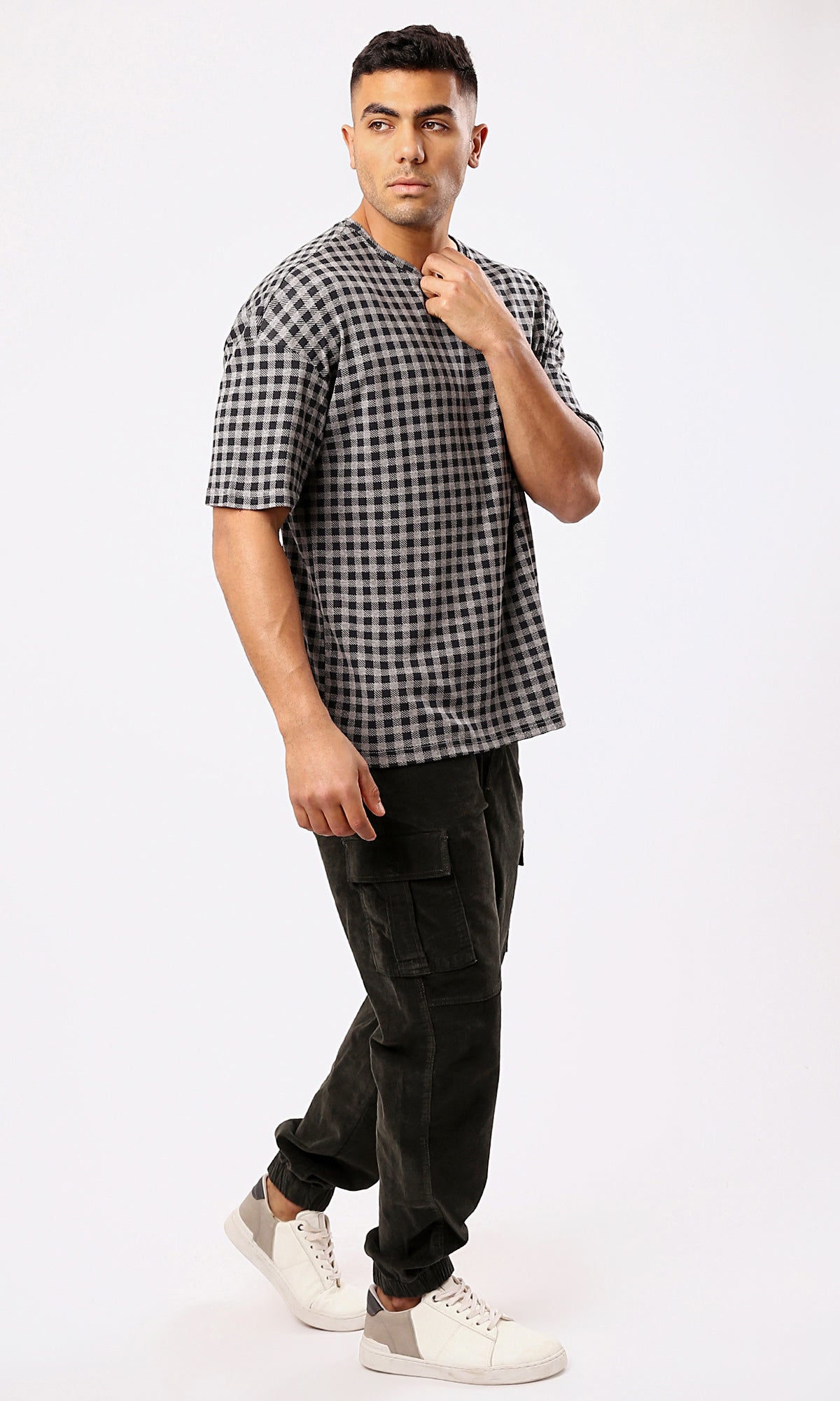 O182207 Grey & Black Plaids Relaxed Summer Tee