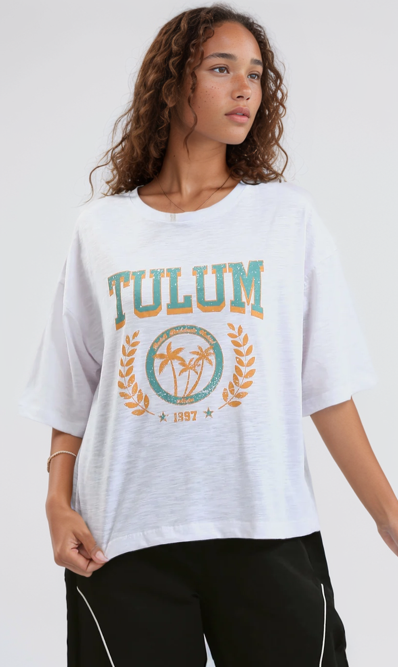 O182243 Heather White Printed Summer Elbow Sleeve Tee