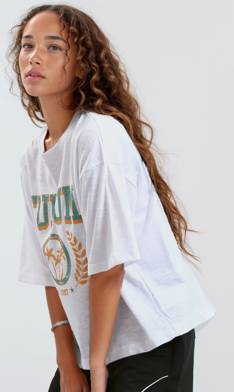 O182243 Heather White Printed Summer Elbow Sleeve Tee