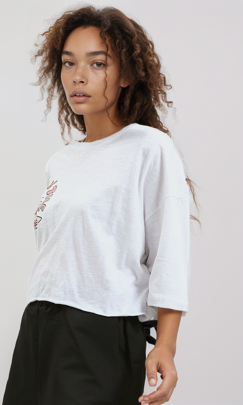 O182246 "Ride The" Heather White Printed Relaxed Tee
