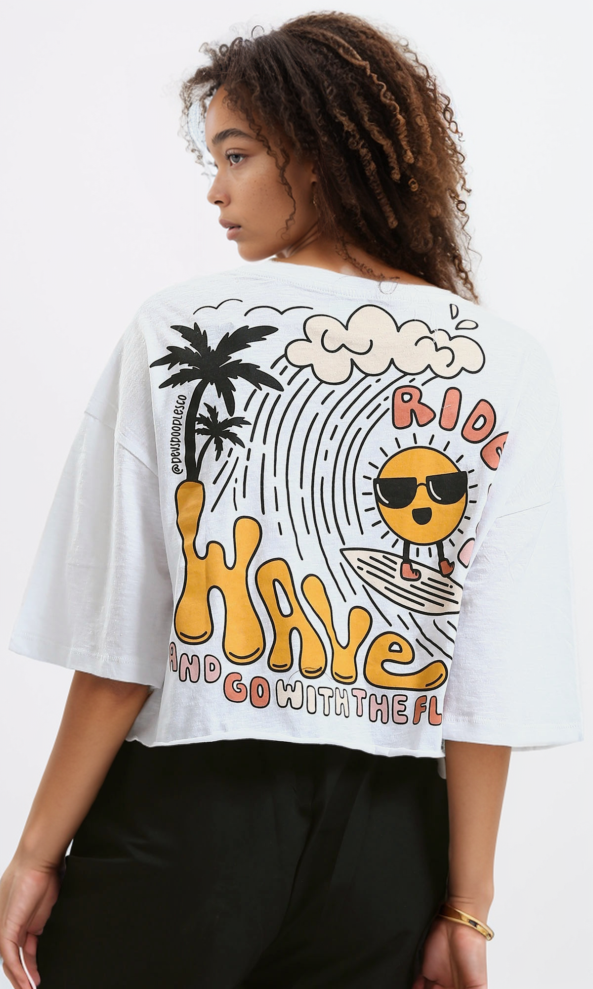 O182246 "Ride The" Heather White Printed Relaxed Tee