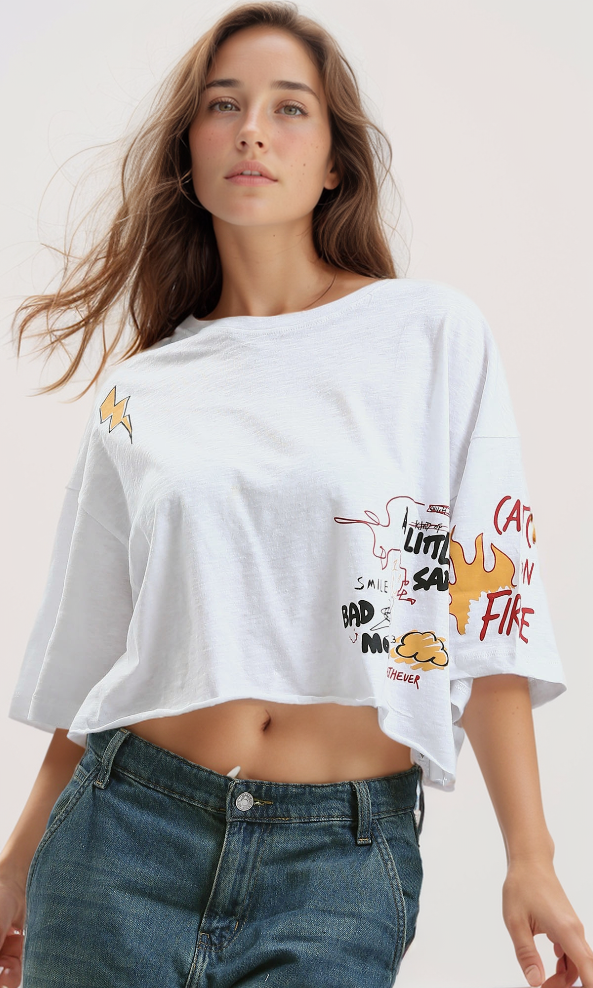 O182247 Slip On Printed Heather White Cotton Tee