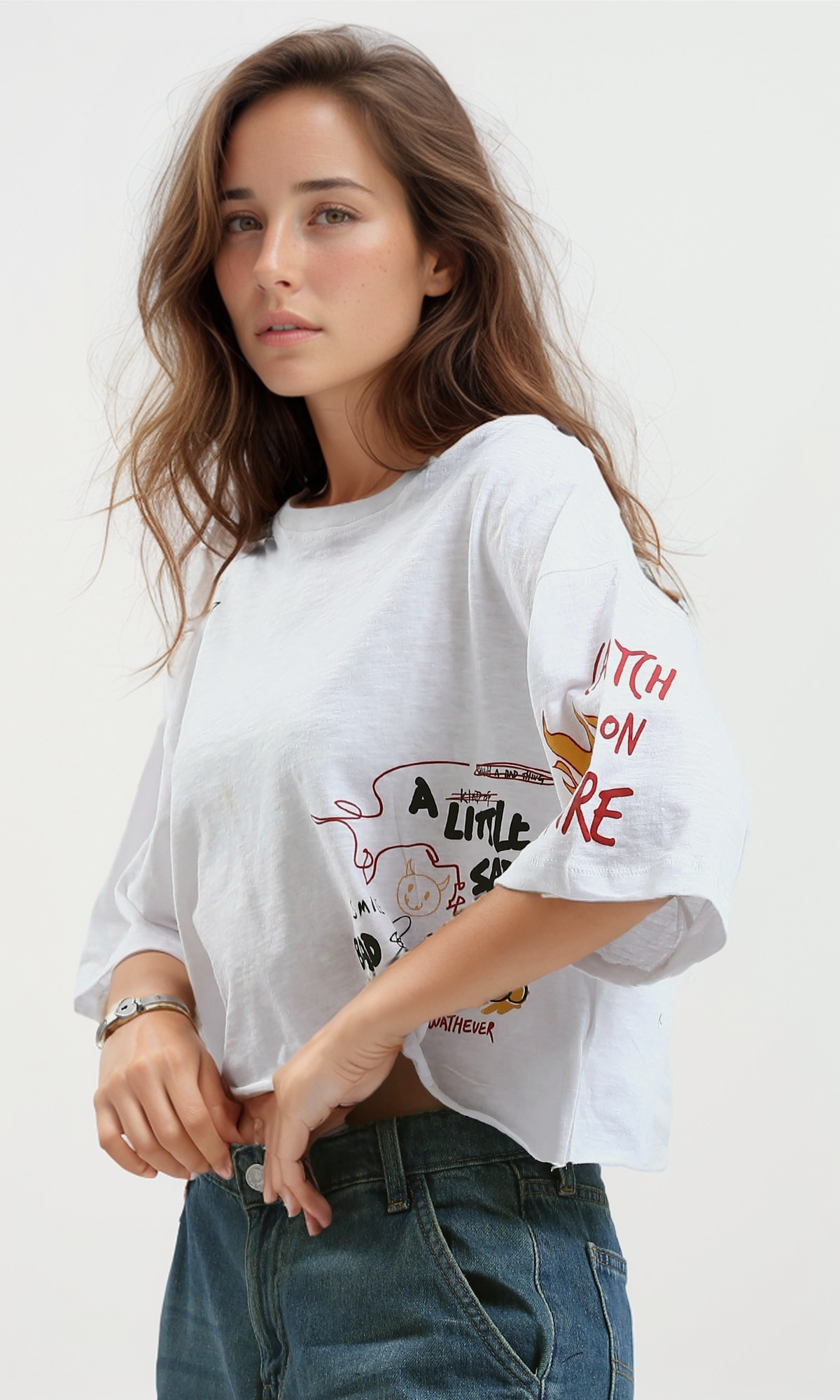 O182247 Slip On Printed Heather White Cotton Tee