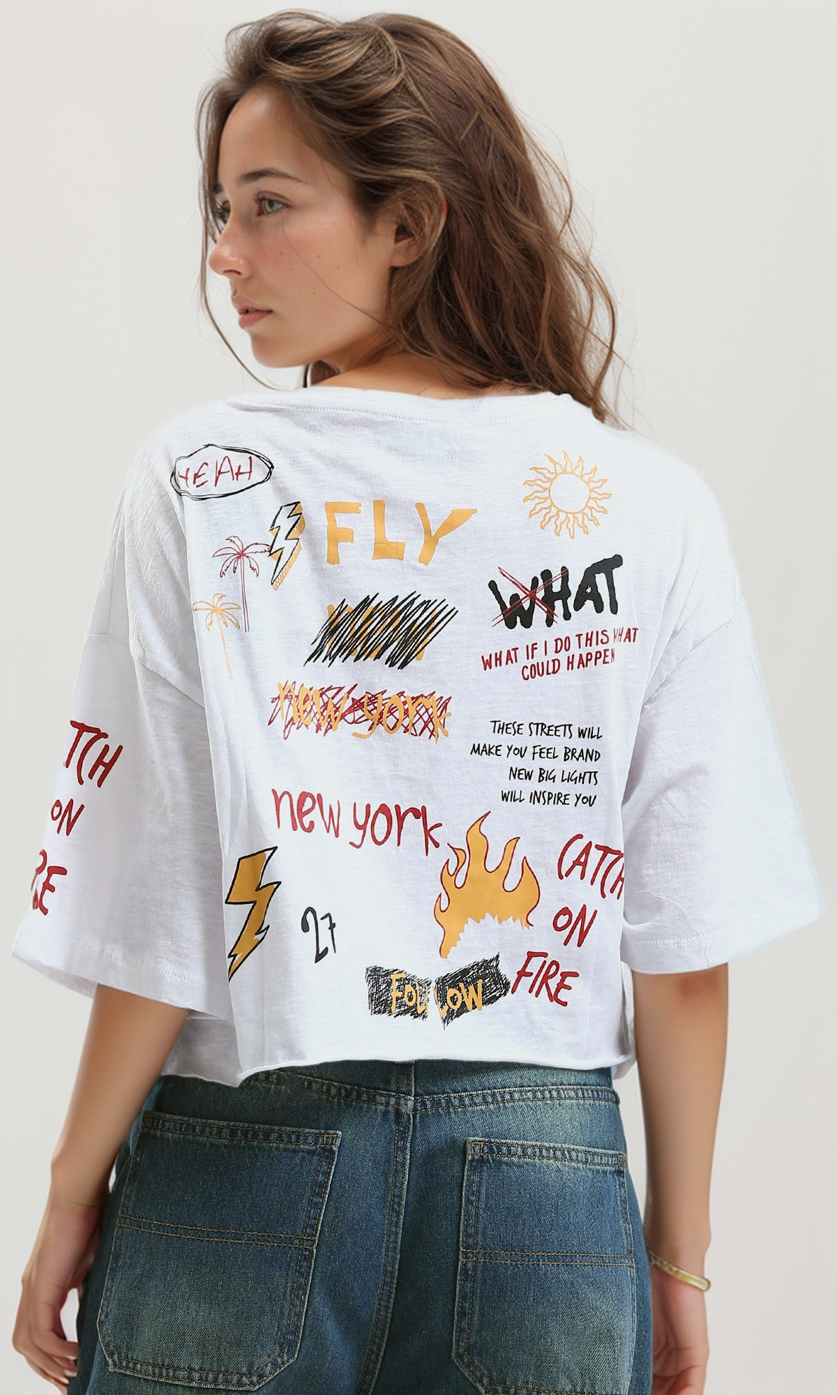 O182247 Slip On Printed Heather White Cotton Tee