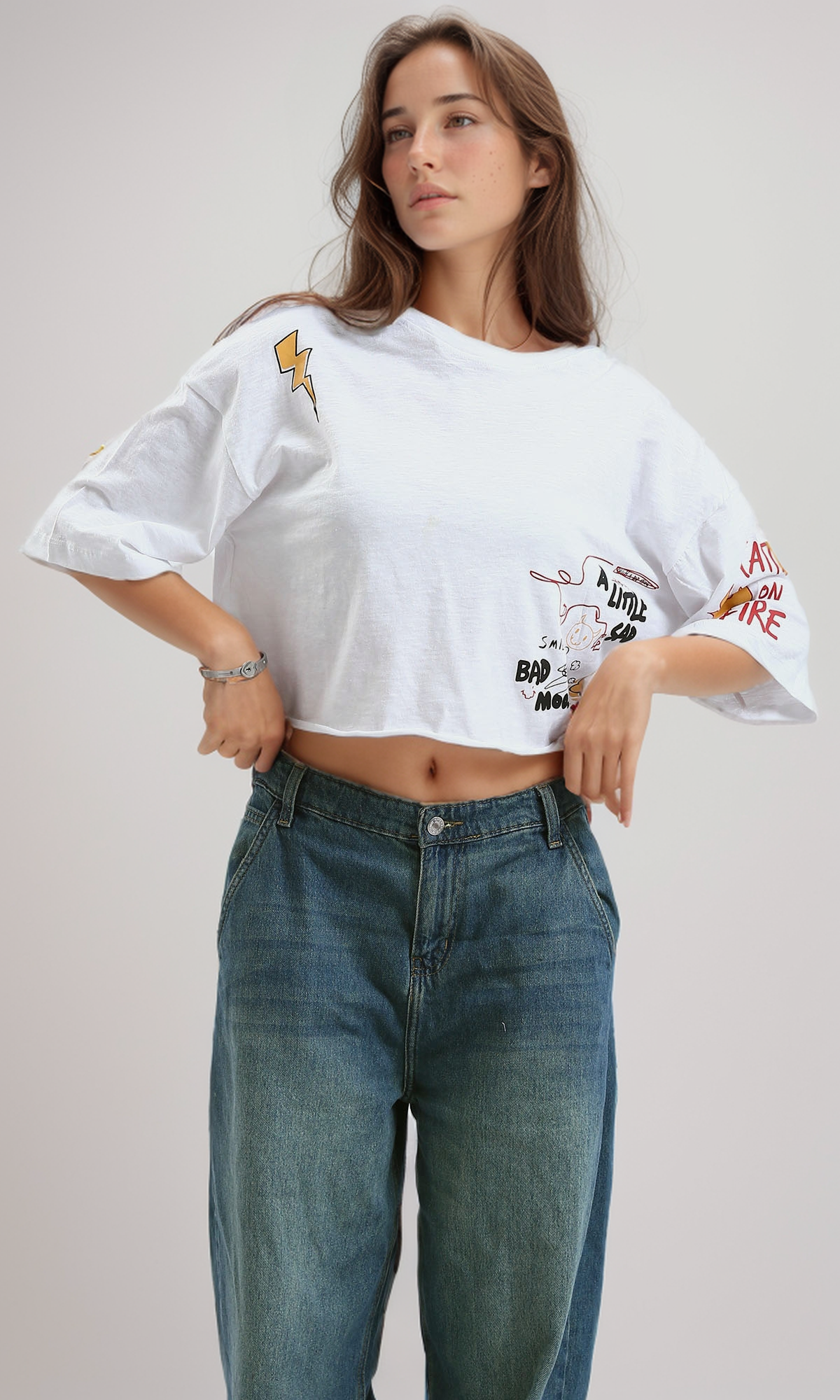 O182247 Slip On Printed Heather White Cotton Tee