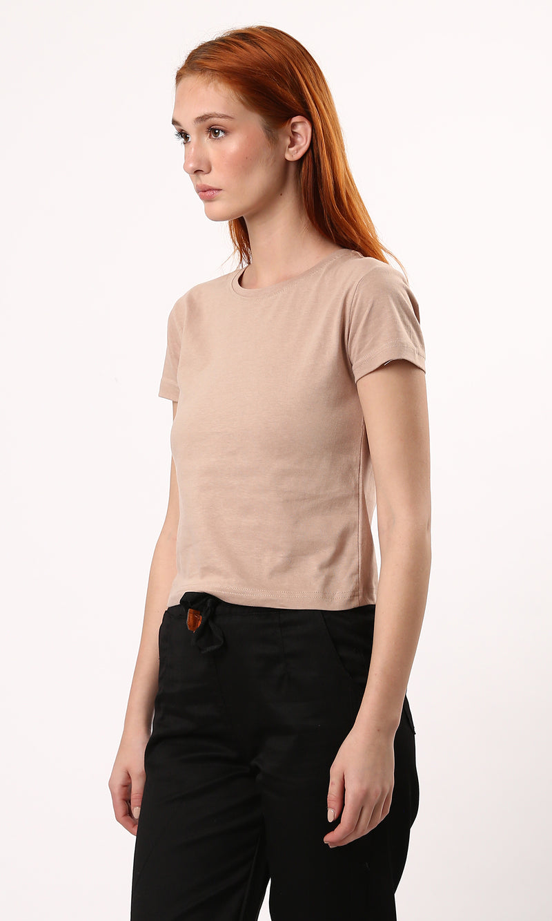 O182257 Slip On Beige Solid Regular Fit Tee