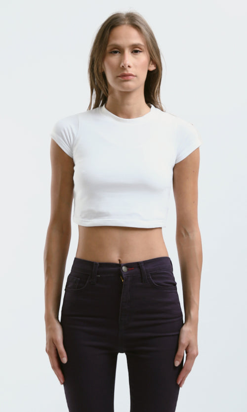 O182261 Round Neck White Cotton Slip On Cropped Tee 