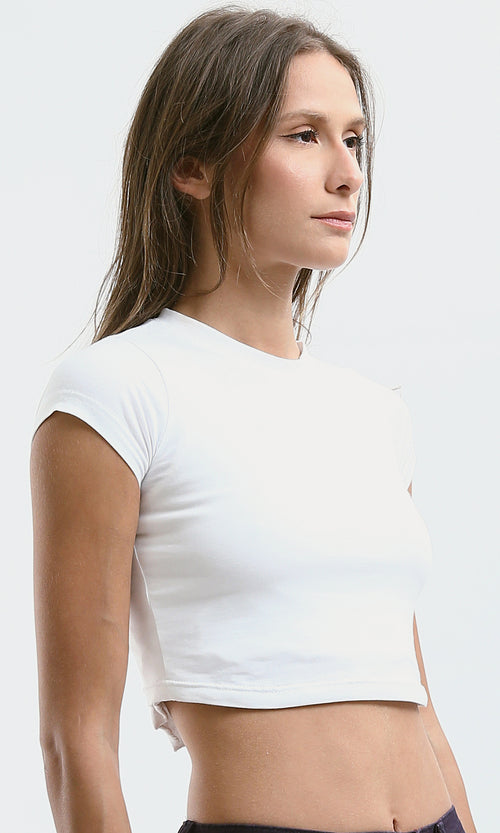 O182261 Round Neck White Cotton Slip On Cropped Tee 