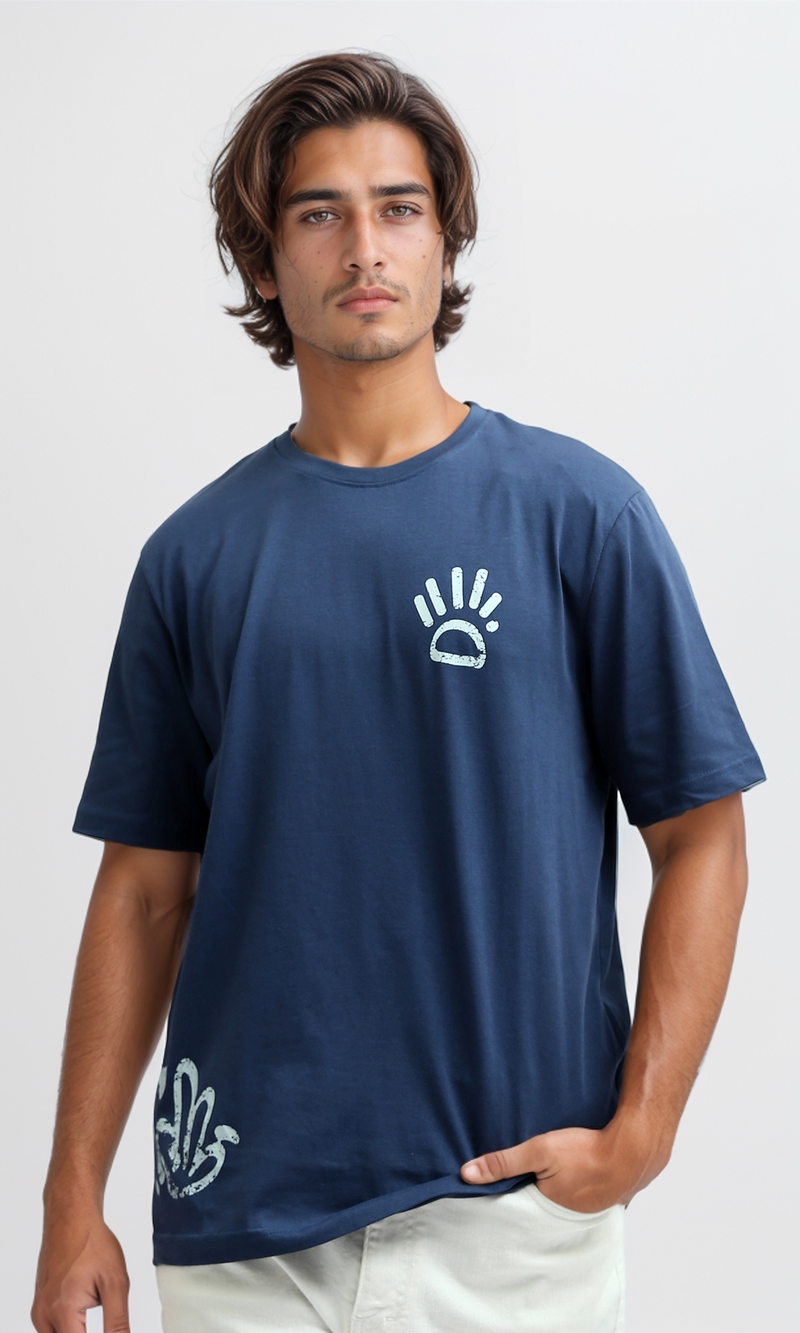 O182392 Round Neck Slip On Jeans Blue Printed Tee