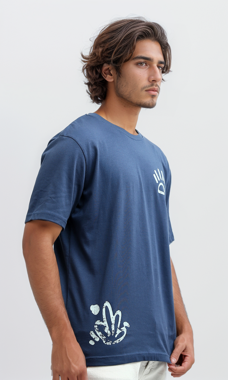 O182392 Round Neck Slip On Jeans Blue Printed Tee