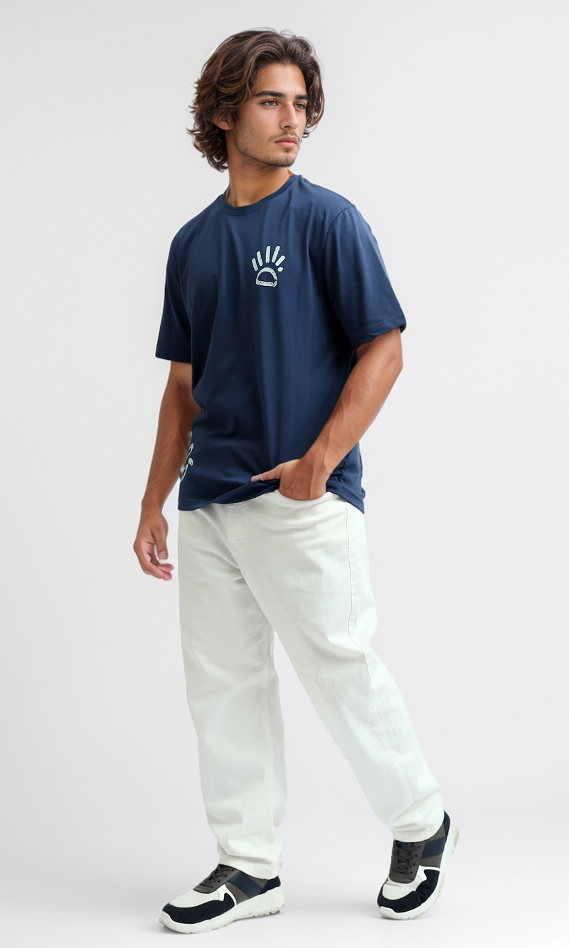 O182392 Round Neck Slip On Jeans Blue Printed Tee