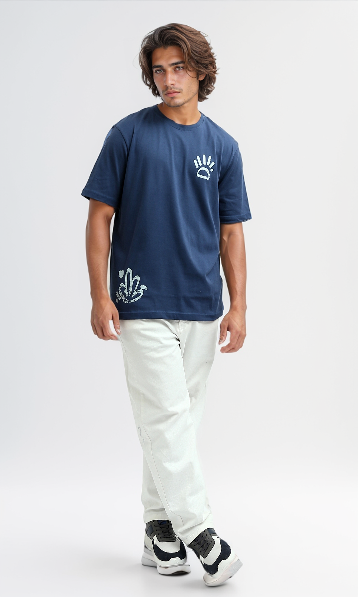 O182392 Round Neck Slip On Jeans Blue Printed Tee