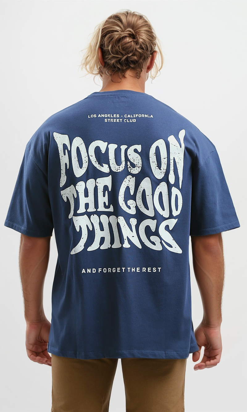 O182396 Front & Back Printed Jeans Blue Round Neck Tee