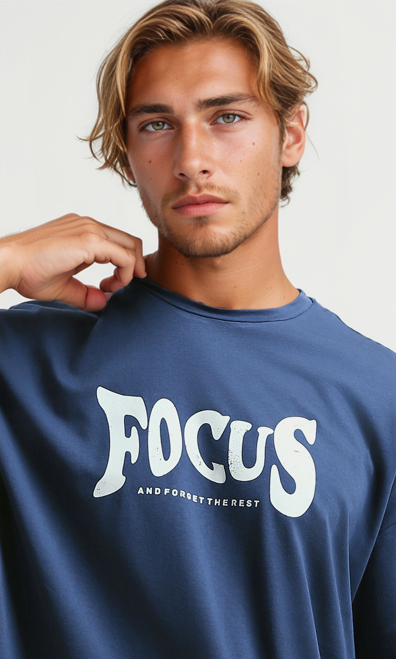 O182396 Front & Back Printed Jeans Blue Round Neck Tee