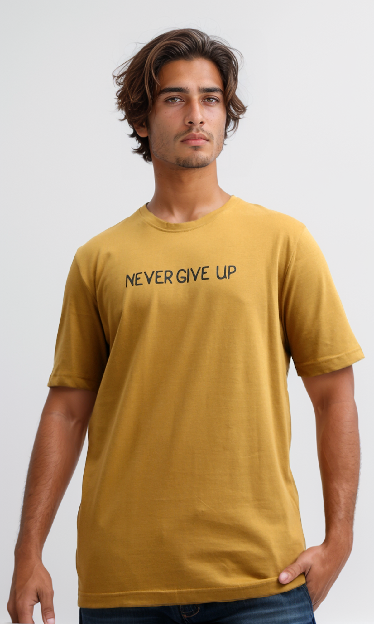 O182404 Front & Back Print Black Regular Tee - Mustard