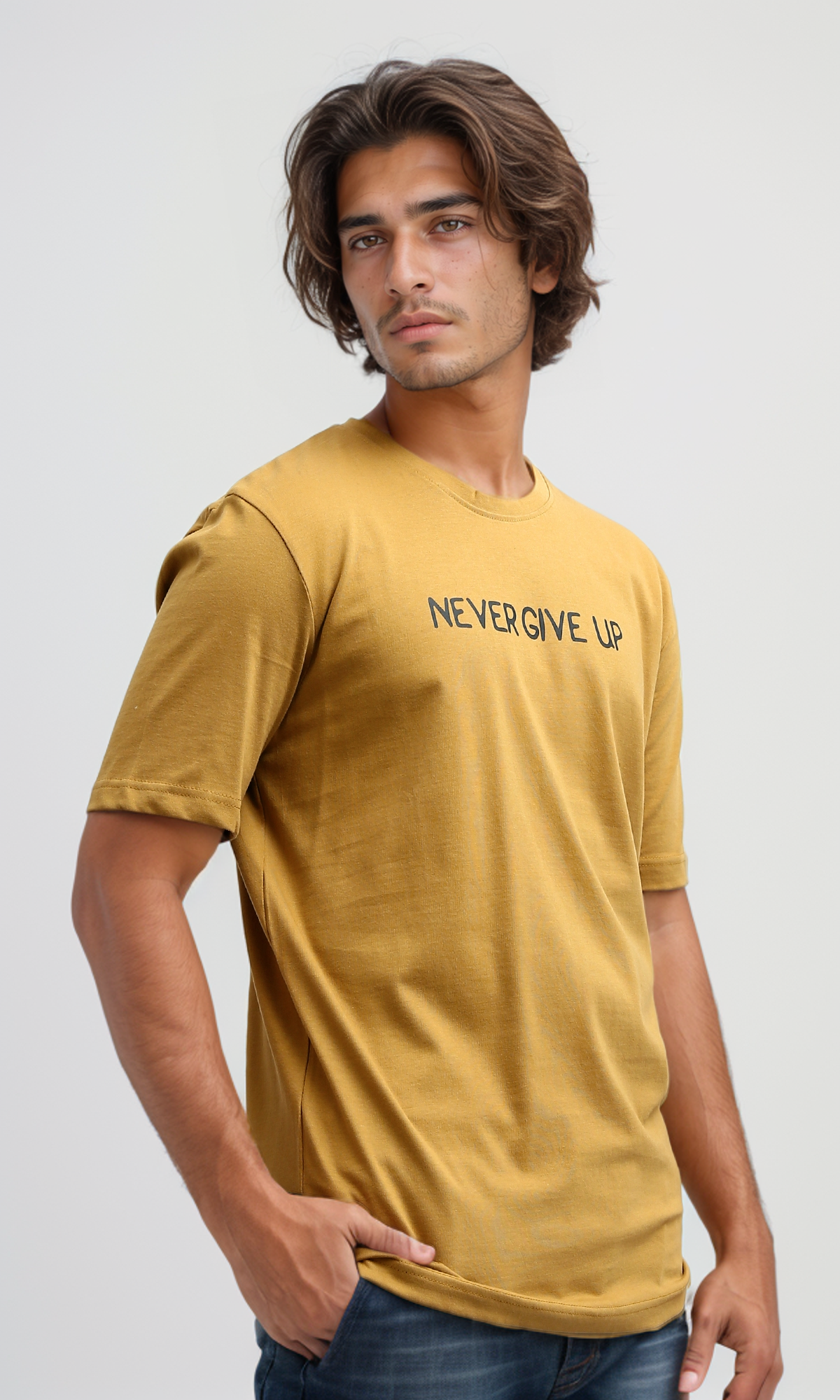 O182404 Front & Back Print Black Regular Tee - Mustard
