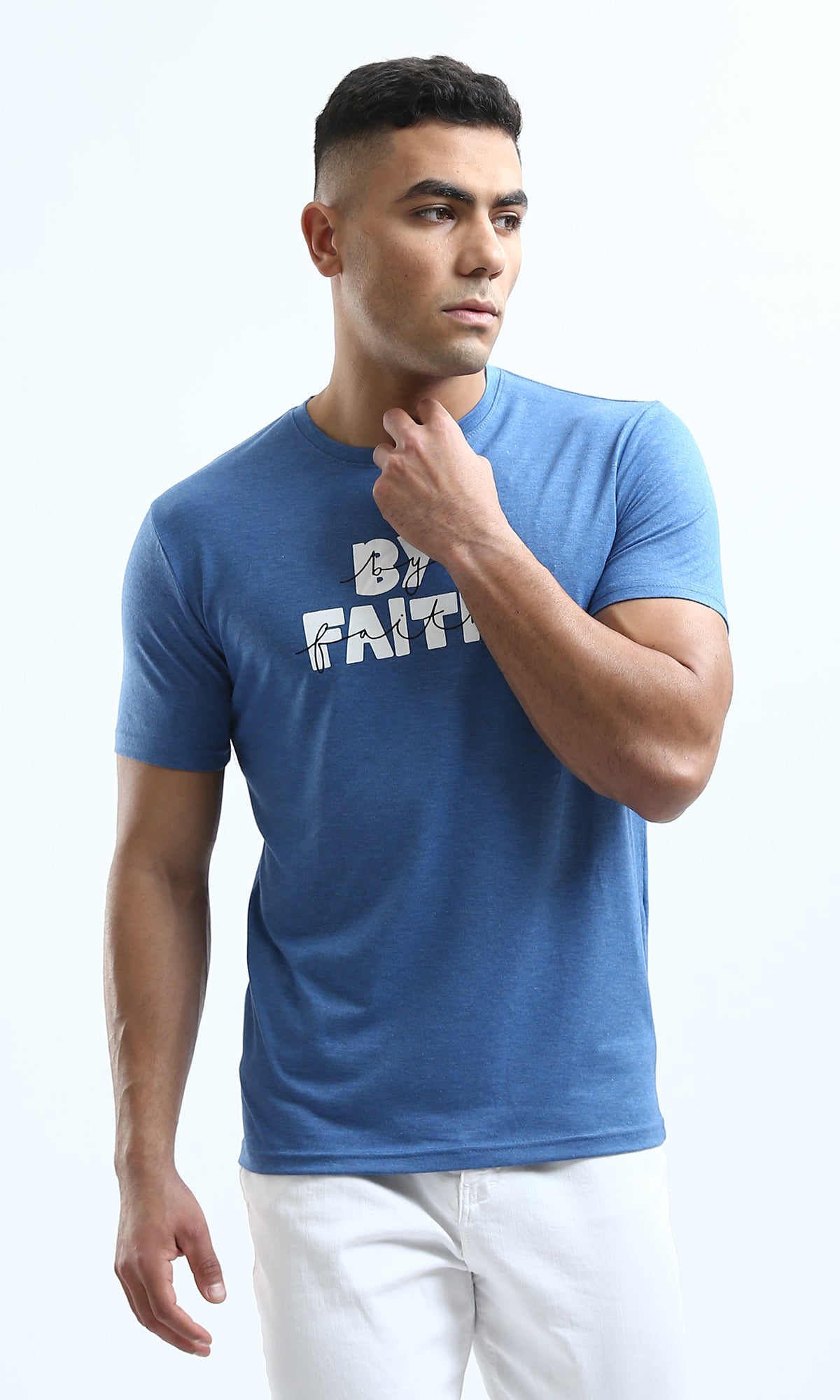 O182406 "By Faith" Printed Cotton Tee - Heather Steel Blue